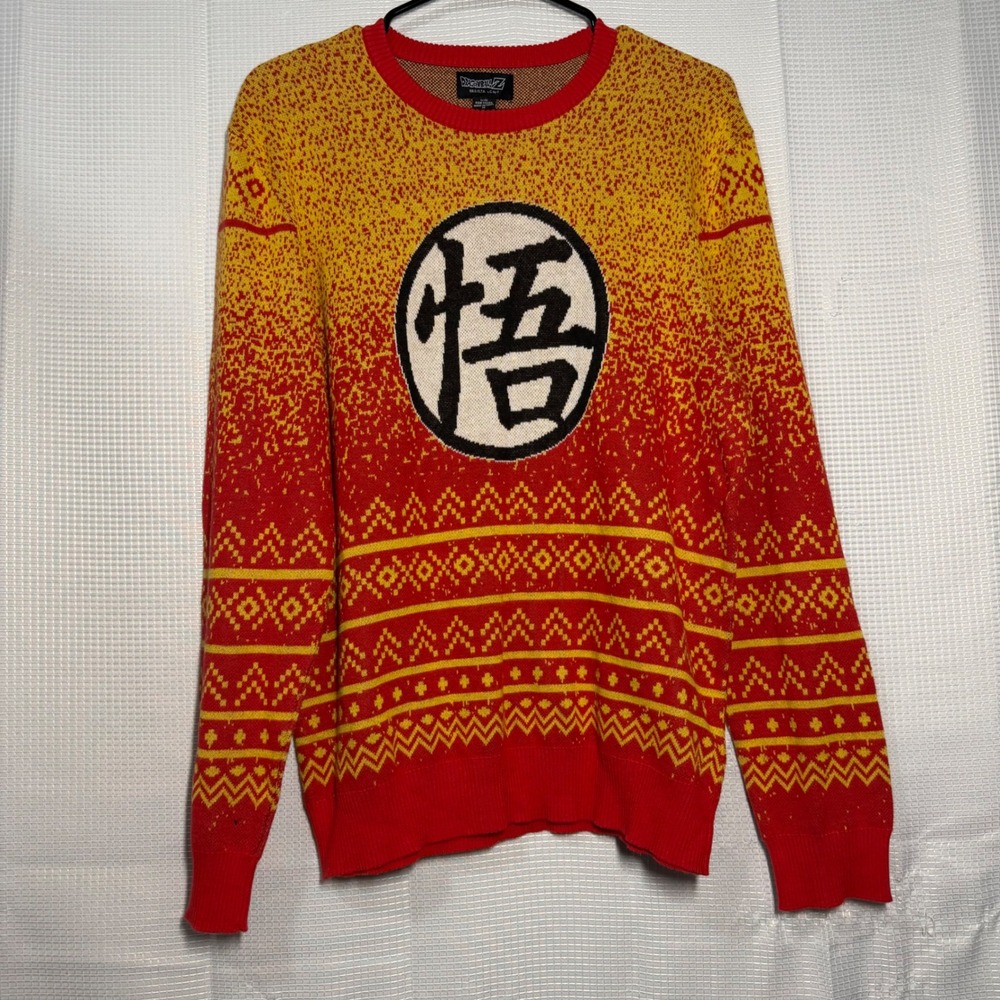 Dragon‎ Ball Z Knit Sweater Medium Red Yellow Goku Kanji Fair Isle Pattern